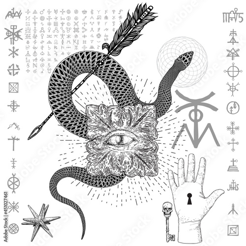 All seeing eye symbol element in light rays with snake, Palmistry hand, key, mandala and magic writing.  Alchemy, religion, spirituality and occultism tattoo ink art. Hand drawing. Vector.