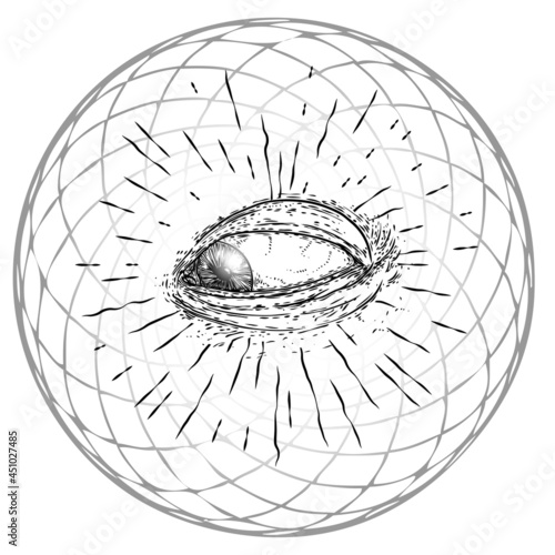 All seeing eye symbol element variation. Alchemy, religion, spirituality and occultism tattoo ink art. Vision of providence and conspiracy theory. Hand drawing in flash tattoo style artwork. Vector.