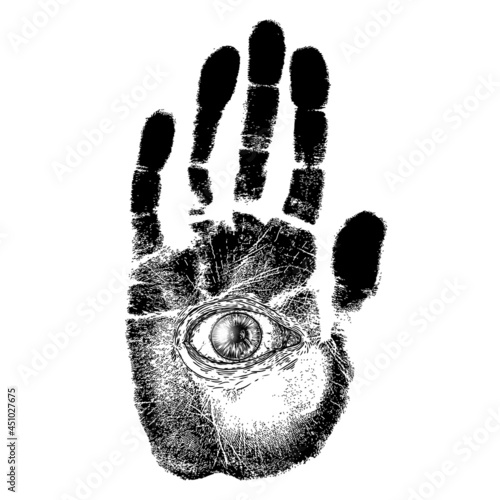Fortune teller hand print. Palmistry with all seeing eye. Magic alchemy spirituality symbol. Hand drawn sketchy palm reading with mystic and occult hand drawn esoteric eye. Vector.