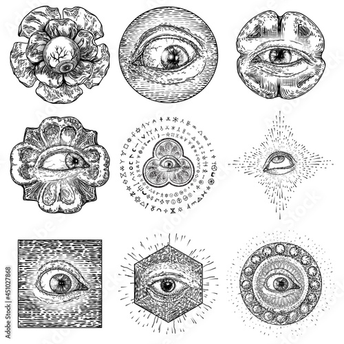 Set of All Seeing Eye symbols elements variation. Alchemy, religion, spirituality and occultism tattoo ink art. Vision of providence and conspiracy theory. Hand drawing in flash tattoo artwork. Vector