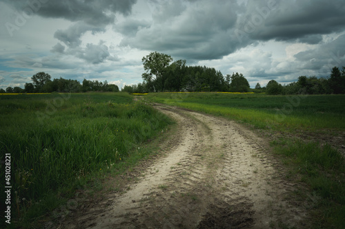 Dirt road through fields and dark clouds