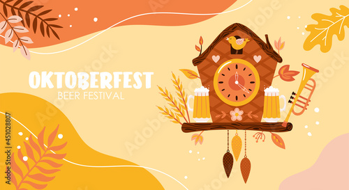 Oktoberfest banner deaign with cute cuckoo clock and fall leaves. Autumn background template for social media, poster and greeting card