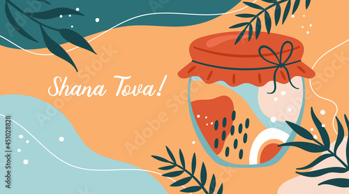 Jewish holiday Rosh Hashanah background template for social media, banner or poster design. Honey jar with abstract shapes creative concept.