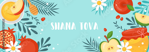 Jewish holiday rosh hashanah background with honey, apples and pomegranate