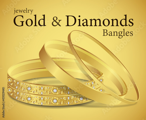 Gold bangles with Diamonds or gold Bracelet woman fashion jewelry luxury bangle set vector illustration
