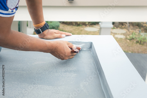 Konstfotografi Roof floor or deck painting work consist of painter man or worker person, bristles brush