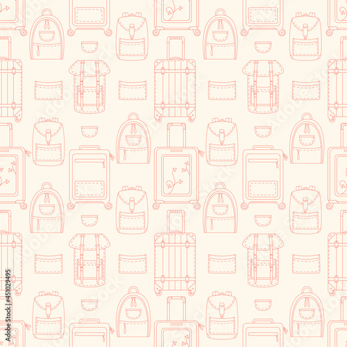 Outline suitcases seamless pattern vector illustration. Bags and sacks texture design. Travel and camping equipment background. Outdoor baggage wrapping.