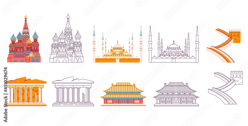 Landmark elements collection. Famous world buildings isolated set. Different architecture, touristic  objects  in cartoon design.