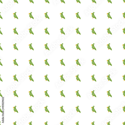 Isolated seamless zoo pattern with small green parrots shapes. White background. Doodle animal ornament.