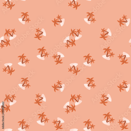 Summer seamless pattern with random little island and palm tree ornament. Pink background.