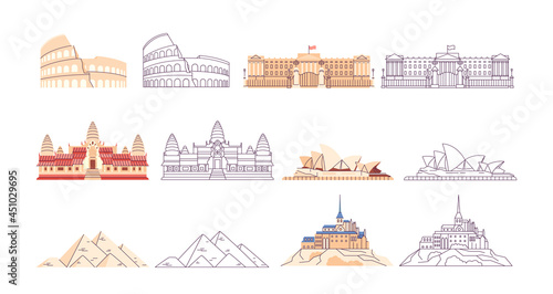 Landmark elements collection. Famous world buildings isolated set. Different architecture, touristic  objects  in cartoon design.