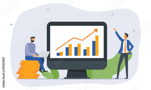 People business team working. Finance investment planning for business profits.  analytics and monitoring graph report on monitor dashboard