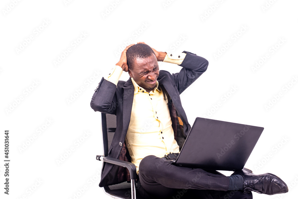 sick businessman sitting on chair suffering from strong pain in his head. sick businessman sitting on chair suffering from strong pain in his head.