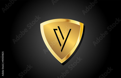 golden shield V luxury alphabet letter icon logo for business and company. Creative template design with gold metal badge