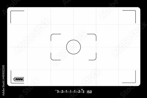 Photo camera viewfinder. Photography ui zoom, adjustment focus frame and digital viewfinder. Recorder cam display, rec viewfinder screen or movie