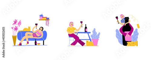 Woman with wine. Happy girl drinking wine at home, living room interior, cat and plants, comfortable furniture, bright illustration, relaxation and leisure time, hand drawn vector cartoon concept set