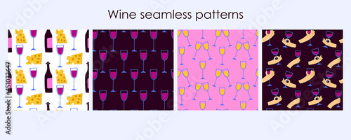 Cartoon wine seamless pattern. Hand drawn bottle and glass, hands hold wineglass, corkscrew cheese and grape, alcoholic drink collection. Decor textile, wrapping paper wallpaper vector print or fabric