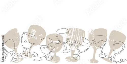 Border with continuous line drawing wine glasses. Vector Illustration. Can be...