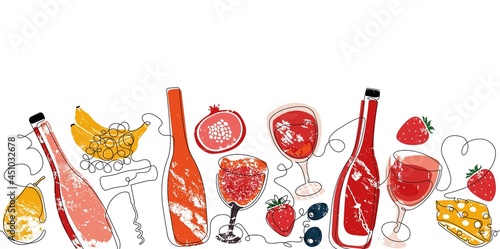 Horizontal Seamless Pattern with Wine. Border with Continuous line Drawing Bottles, Glasses,Olives, Fruits and Cheese . Vector Background.