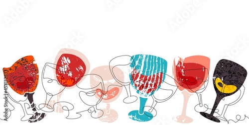 Border with continuous line drawing wine glasses. Vector Illustration. Can be yused for Flyer, Brochure, Poster, invitation Card, Banner, Menu, Background or enother design.