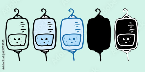Vector solution for a blue dropper. saline bag us medical treatment for dropper transparent bag with bubbles, isolated black outline and silhouette on a greenish background for a design template