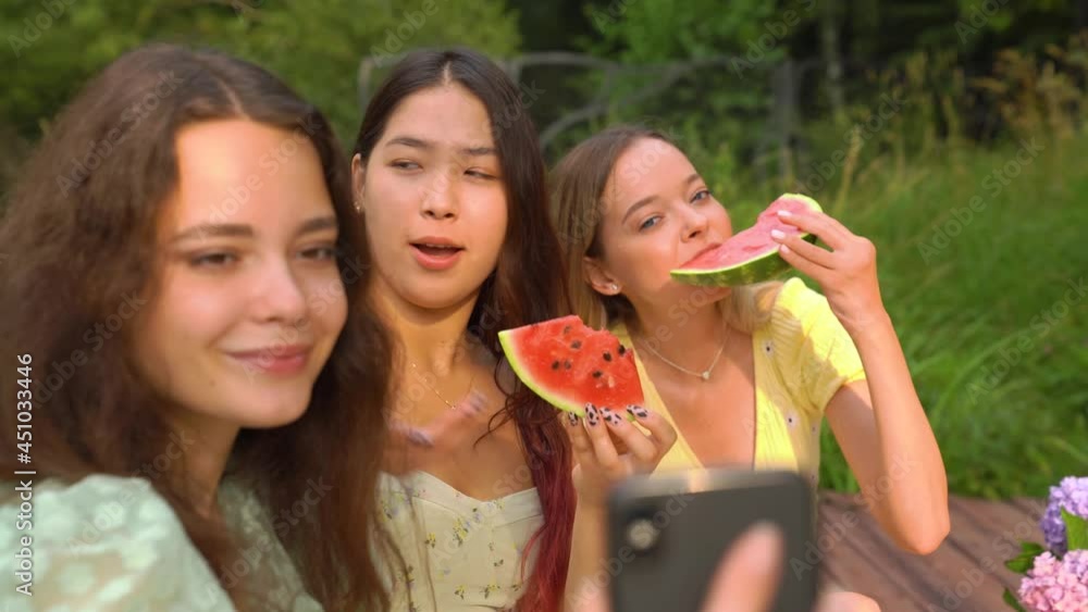 CU of portraits of different nationalities women are doing selfie with watermelon. Picnic holidays CU of portraits of different nationalities women are doing selfie with watermelon. Picnic holidays