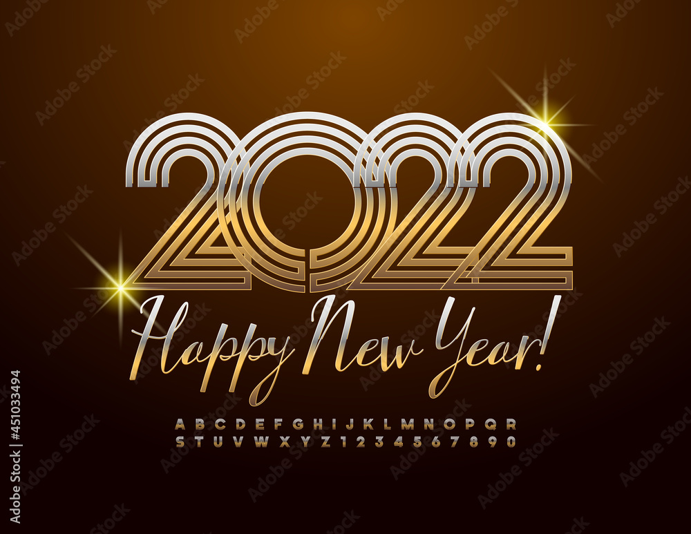 Vector modern greeting card Happy New Year 2022! Artistic maze Font. Gold Alphabet Letters and Numbers Vector modern greeting card Happy New Year 2022! Artistic maze Font. Gold Alphabet Letters and Numbers