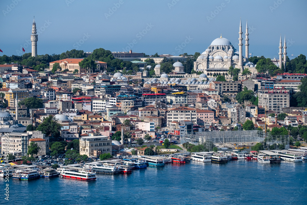 View of Istanbul with the Süleymaniye camii Mosque and the Bosphorus Strait