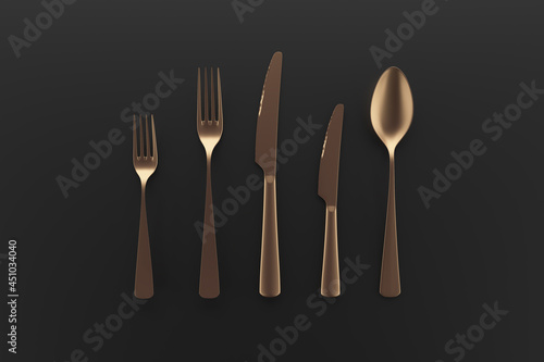 Gold fork, spoon and knife lying on black background, 3d Rendering, dinner table items