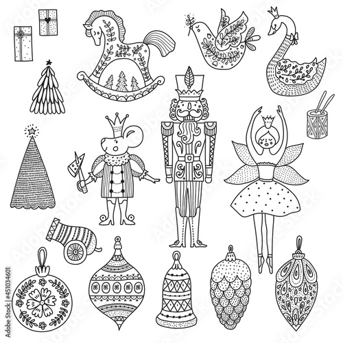 Christmas coloring book the Nutcracker. Magic vector illustration. Set.