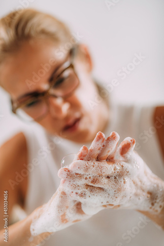 Obsessive compulsive disorder concept. Woman Obsessively Washing her Hands.