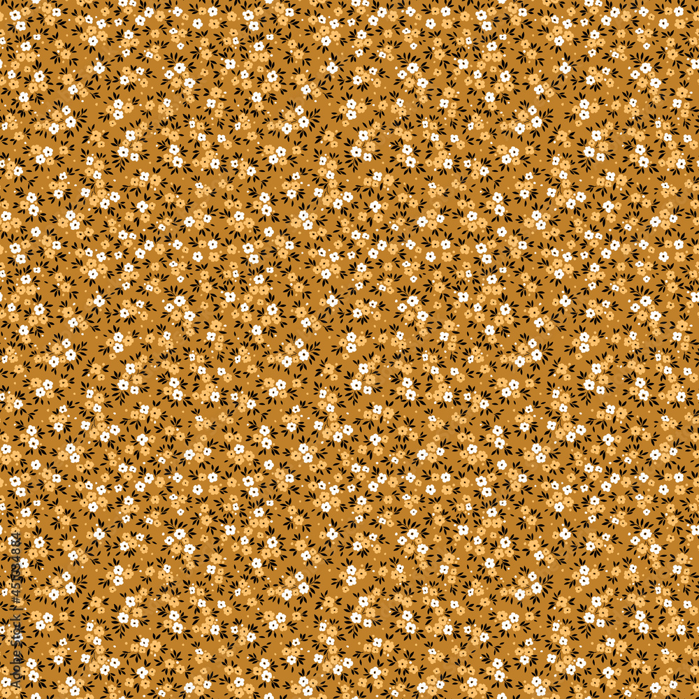Cute floral pattern in the small flower. Seamless vector texture. Elegant template for fashion prints. Printing with small white and yellow flowers. Gold mustard background. Stock print. Cute floral pattern in the small flower. Seamless vector texture. Elegant template for fashion prints. Printing with small white and yellow flowers. Gold mustard background. Stock print.