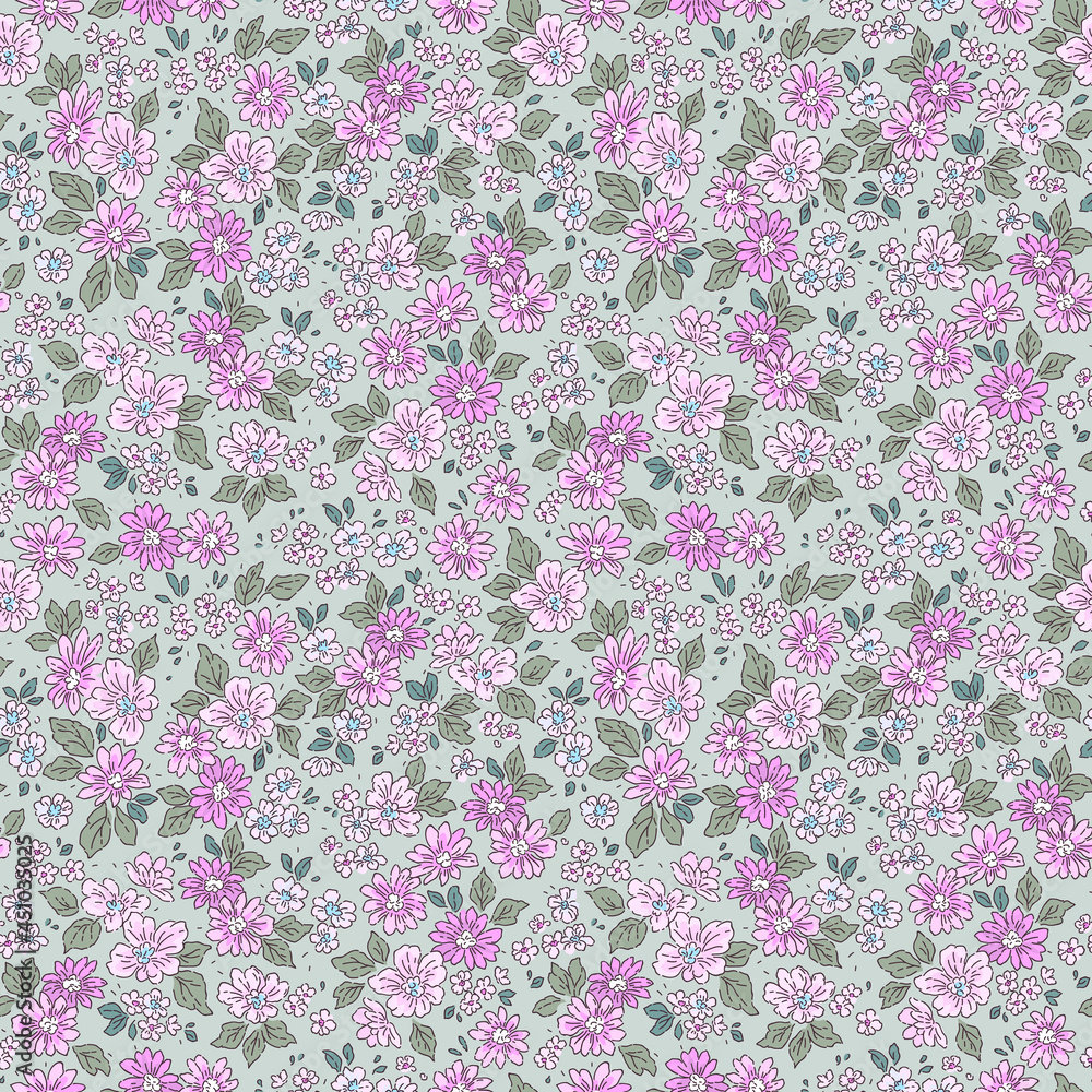 Seamless floral pattern. Ditsy background of small lilac and purple flowers. Small-scale flowers scattered over a green gray  background. Stock vector for printing on surfaces and web design.