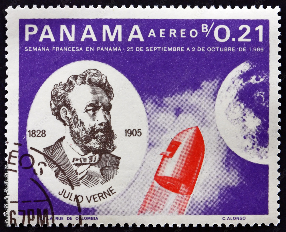 Postage stamp Panama 1966 Jules Verne and capsule