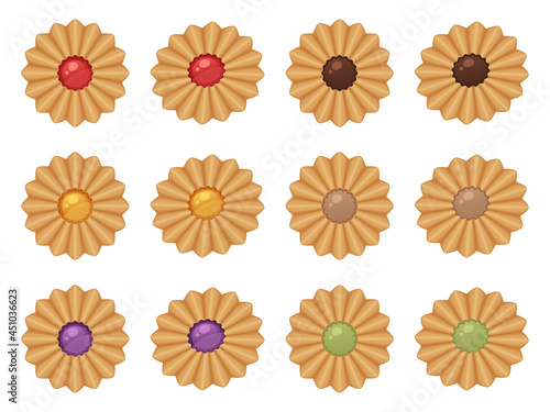 ジャムとチョコがのった花の形のクッキーのイラスト素材セット