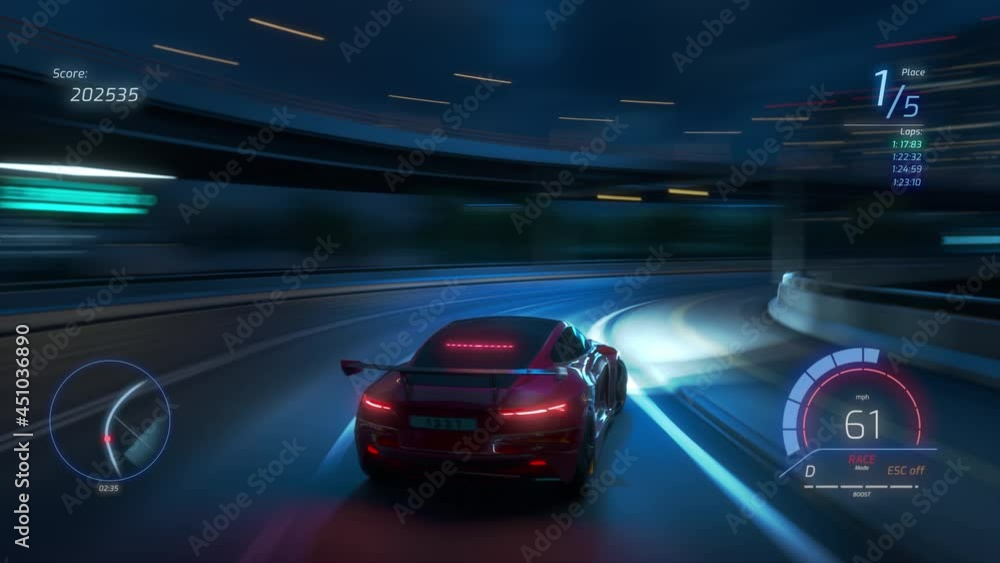 Gameplay of a Racing Simulator Video Game with Interface. Computer Generated 3D Car Driving Fast and Drifting on a Night Hignway in a Modern City. VFX Animation. Third-Person View.