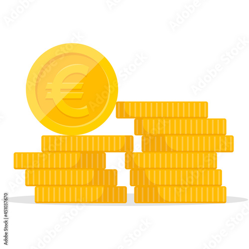 Stack of coins. Pile of gold coins. Golden penny cash pile, treasure heap. Vector illustration.