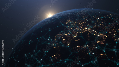 Fototapeta Naklejka Na Ścianę i Meble -  Global network connection and data connections concept. Communication technology global network. Global world network and telecommunication on earth cryptocurrency and blockchain and IoT.