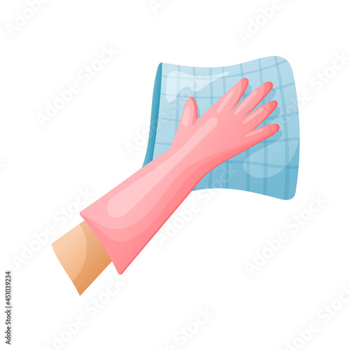 Vector isolated illustration of a hand in a rubber cleaning glove is holding a rag and wiping dirt and stains.