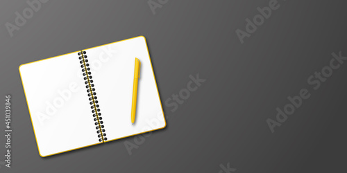 Opened yellow notebook and yellow ball-point pen on the left, black background with copy space for your image or text. Minimalist  vector illustration as back to school. Top view, flat lay.