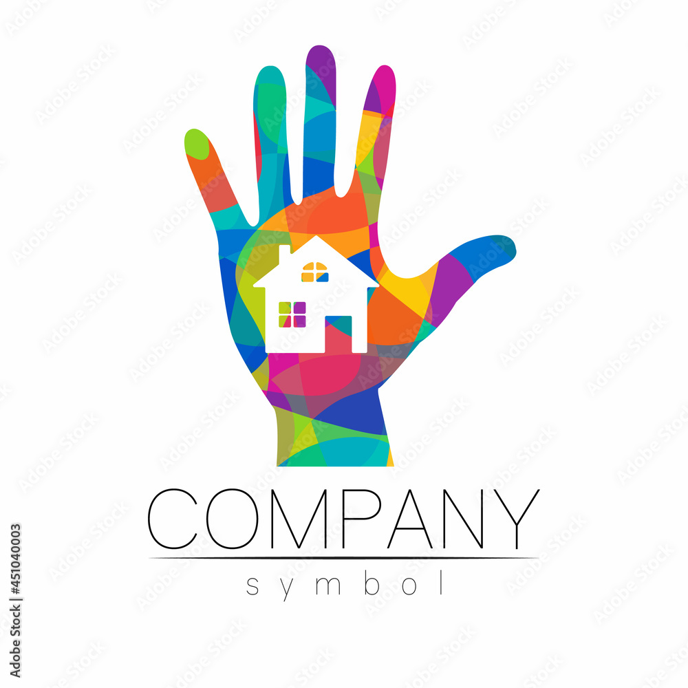 Fototapeta premium Company Logo Vector House Icon for Branding Real Estate Symbol Building and Apartment Rent Concept Sign with hands