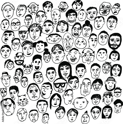 Simple vector of a lot of people. People's faces, old people, children, men and women.
