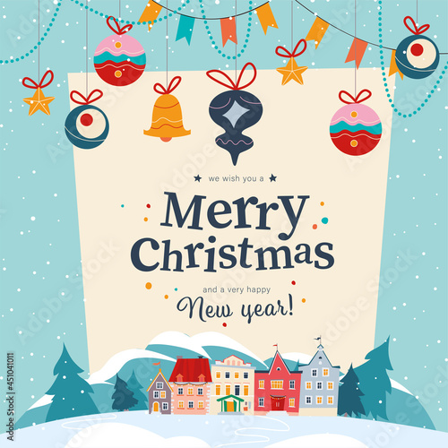 Winter holiday banner with cozy village at snowy mountain forest landscape and garlands, fir tree toys hang. Vector cartoon flat illustration. For card, package, banner, invitation, poster design.