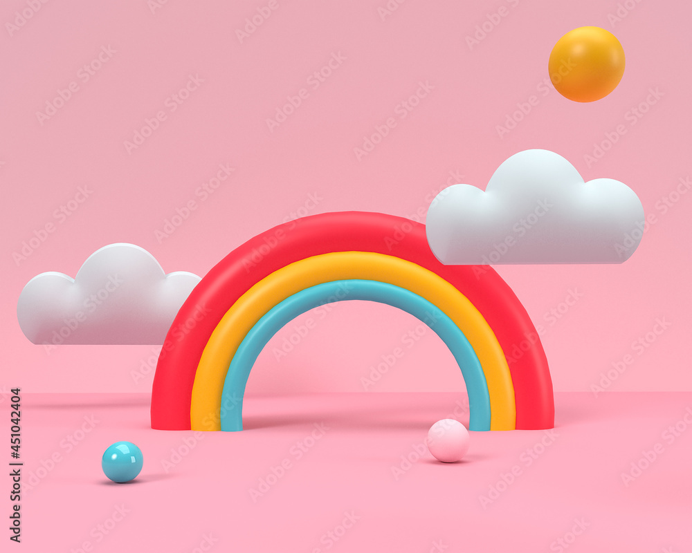3D rendering of colorful clouds and rainbow with empty space for kids or baby products on pink background 3D rendering of colorful clouds and rainbow with empty space for kids or baby products on pink background
