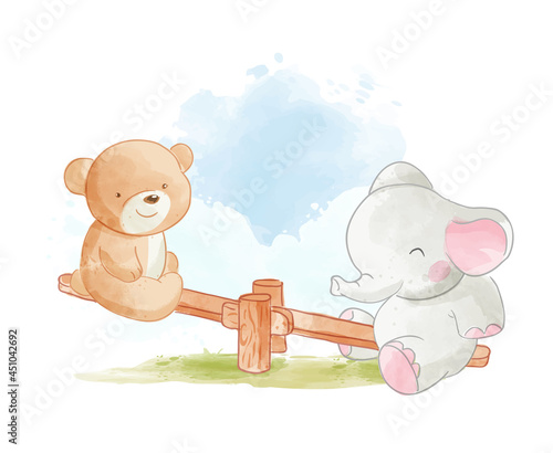 cute cartoon wild animal friends playing seesaw board illustration