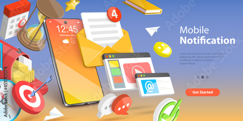 3D Vector Conceptual Illustration of Mobile Notification, Alarm Clock or Reminder Message