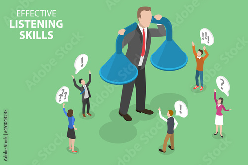 3D Isometric Flat Vector Conceptual Illustration of Effective Listening Skills, Customer Feedback Strategy