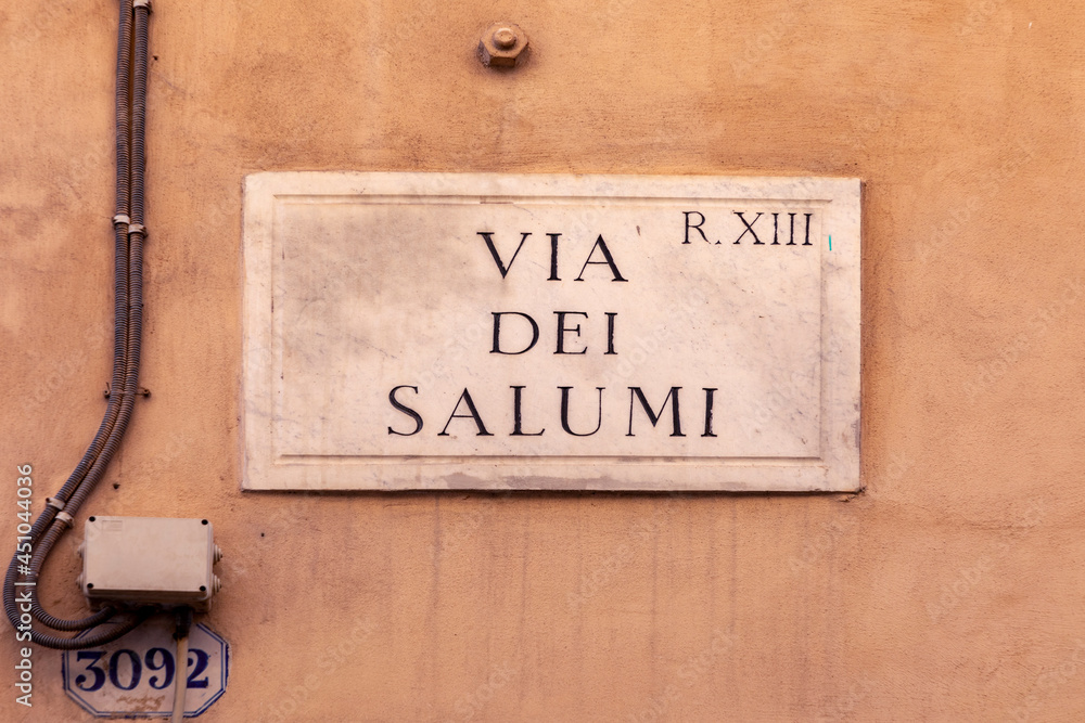 Obraz premium Street name via del salumi - engl: sausage street - painted at the wall in Rome