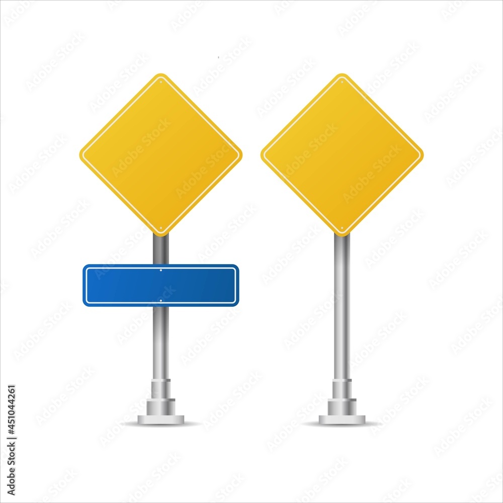 Realistic Yellow street and road signs. City illustration vector. Street traffic sign mockup isolated, signboard or signpost direction mock up image Realistic Yellow street and road signs. City illustration vector. Street traffic sign mockup isolated, signboard or signpost direction mock up image
