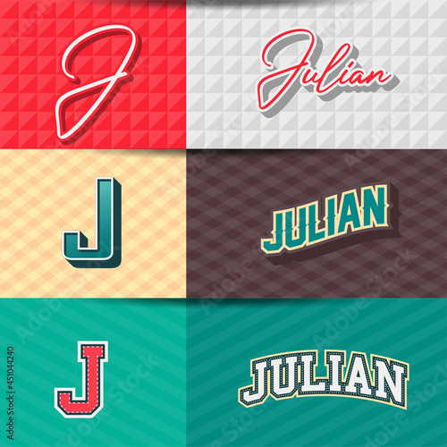 ,Male name,Julian in various Retro graphic design elements, set of vector Retro Typography graphic design illustration